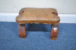 A 20TH CENTURY SMALL CAMEL STOOL, with leather upholstery, width 48cm x depth 33cm x height 30cm,