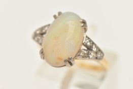AN OPAL DRESS RING, a large oval cabochon opal, approximate width 9.5mm x length 19.5mm, double