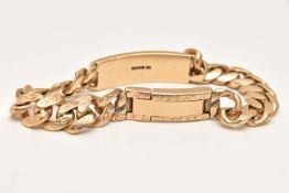 A 9CT GOLD IDENTIFICATION BRACELET, solid polished panel and textured curb link bracelet with