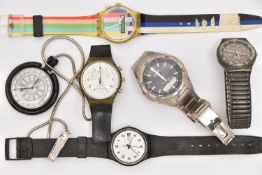AN ASSORTMENT OF 'SWATCH' WATCHES, to include four wristwatches, a pocket watch and a 'Casio'