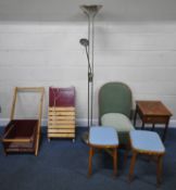 A SELECTION OF OCCASIONAL FURNITURE, to include a green painted wicker chair, a pair of stools, an