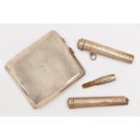 A SILVER CIGARETTE CASE, TWO CHEROOT CASES AND A CHEROOT, the cigarette case of a square form with