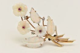 A CARVED OPAL BROOCH, yellow gold spray brooch set with carved opal flowers and leaves, circular cut