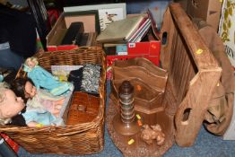 A BOX, A BASKET AND LOOSE BOOKS, TREEN AND SUNDRY ITEMS, to include approximately twenty books