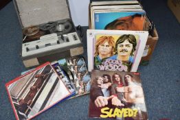 ONE BOX OF RECORDS AND AN ELIZABETHAN TAPE RECORDER comprising a box of approximately eighty LPS