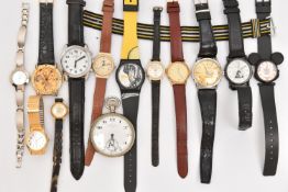 AN ASSORTMENT OF WATCHES, names to include Smiths, Areo-Matic, Cyma, Sekonda, Limit, Disney, Avia,