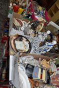 FIVE BOXES AND LOOSE DECORATIVE CERAMICS to include a blue and white continental courting couple