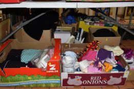 SIX BOXES OF ASSORTED CLOTHES AND ACCESSORIES to include a box of children's fancy dress clothes,