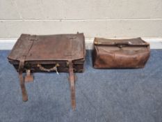 A BROWN LEATHER GLADSTONE BAG, with a single handle, brass fittings and lock, width approximately