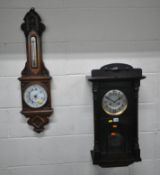 A 20TH CENTURY OAK CASED WALL CLOCK, the single door enclosing a 7.5 inch brass and silvered dial,