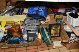 FIVE BOXES AND LOOSE MISCELLANEOUS to include a boxed Brother sewing machine, a boxed of records,
