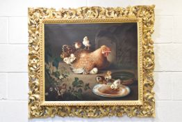 A 19TH CENTURY STUDY OF A HEN AND CHICKS AFTER JACOB SAMUEL BECK, three chicks are eating and