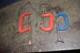 THREE RECORD G CLAMPS including two 4in and one 6in along with a box containing a Woden engineers