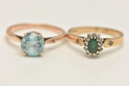 TWO GEM SET RINGS, the first a 9ct yellow gold emerald and diamond cluster ring, hallmarked 9ct