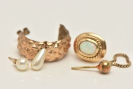 SINGLE EARRINGS, to include a yellow metal opal cabochon earring, post for pierced ears and safety