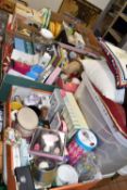 SIX BOXES AND LOOSE HOUSEHOLD ITEMS to include two boxes of assorted cushions, a box of various