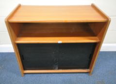 A MID-CENTURY TEAK CABINET, with double perspex sliding doors, that are enclosing sprung