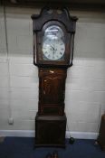 A GEORGIAN MAHOGANY EIGHT DAY LONGCASE CLOCK, the hood with twin swan neck pediments, over an arched