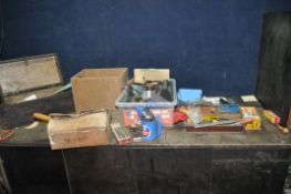 TWO WOODEN BOXES AND TRAY CONTAINING AUTOMOTIVE TOOLS including foot pumps, a Fina oil funnel, a
