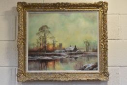JOHN TRICKETT (BRITISH 1952) A SUNSET WINTER LANDSCAPE, the setting sun is reflected in on water