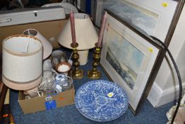A BOX AND LOOSE CERAMICS, GLASS, METALWARE AND PICTURES, to include two framed watercolours: Peter