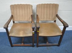 A PAIR OF EARLY 20TH CENTURY OAK ARMCHAIRS, the open armrests with acanthus leaf details, width 57cm