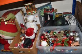 THREE BOXES AND LOOSE CHRISTMAS DECORATIONS, to include a boxed Sitting Snowman, height 56cm, a