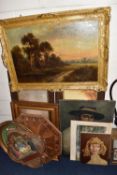 A SMALL QUANTITY OF PAINTINGS AND PRINTS ETC, to include a Daniel Sherrin oil on canvas sunset