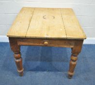 A 19TH CENTURY PINE FARMHOUSE TABLE, with a single frieze drawer, raised on turned legs, width