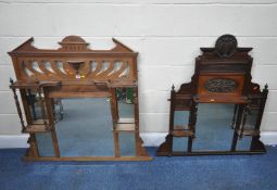 TWO EARLY 20TH CENTURY OVERMANTEL MIRRORS, the larger mirror with a broken arch pediment, pierced