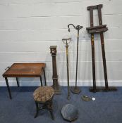 A 20TH CENTURY OAK PILLAR, possibly used as a lamp base, height 102cm, a folding tray table, two