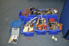 FIVE TRAYS CONTAINING TOOLS including pipe wrenches, tank spanners, hammers, axes, saws,