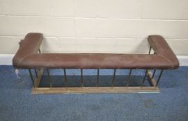 A 19TH CENTURY BRASS CLUB FENDER, with leatherette upholstery, width 148cm x depth 55cm x height