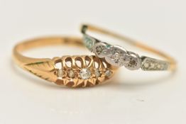 TWO DIAMOND SET RINGS, the first a five stone diamond boat ring, hallmarked 18ct Chester, ring