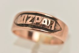A LATE VICTORIAN 9CT ROSE GOLD 'MIZPAH' RING, hallmarked 9ct London 1895, ring size R, approximate
