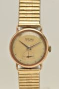 A GENTS 9CT GOLD 'BERNEX' WRISTWATCH, manual wind, round discoloured dial signed 'Bernex 15 Jewels',