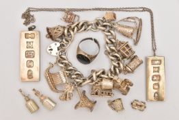A BAG OF ASSORTED SILVER AND WHITE METAL JEWELLERY, to include two large silver ingot pendants, both
