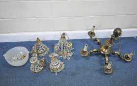 A BRASS FIVE BRANCH CHANDELIER, height approximately 48cm x diameter approximately 68cm, along