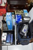 A BOX OF CAMERAS, VIDEO CAMERAS AND ELECTRONICS, to include boxed Fujifilm A170 and FinePix J30