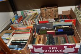 FIVE BOXES OF BOOKS containing over 140 miscellaneous titles in hardback and paperback formats,