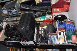 THREE BOXES AND LOOSE PHOTOGRAPHIC AND ELECTRICAL ITEMS, to include a Minolta SRT 303b 35mm camera