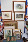TEN FRAMED PICTURES, A WALL MIRROR, AND A BOX OF RECORDS to include four limited edition David