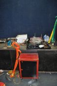 A COLLECTION OF TOOLS including two RS fan heaters, a vintage wooden hand brace, two strimmer's, a