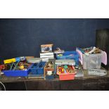 SIX BOXES CONTAINING TOOLS including a Ryobi laser level, foot pump, axle stands, spanners, sockets,