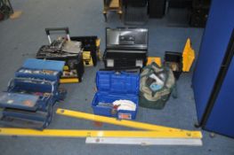 FIVE TOOLBOXES AND A TOOL BAG CONTAINING TOOLS including spirit levels, spanners, sockets a Draper
