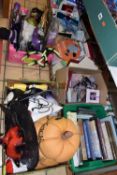 NINE BOXES OF FESTIVE ITEMS to include assorted Halloween masks and decorations, birthday cards