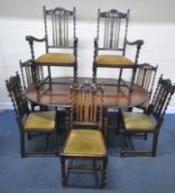 AN EARLY 20TH CENTURY OAK GATE LEG TABLE, raised on turned legs, united by stretchers, open width