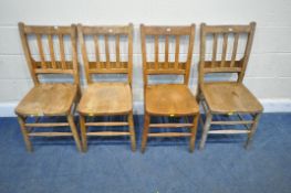 A SET OF FOUR EARLY 20TH CENTURY ELM SEATED PRAYER CHAIRS, each with a bible holders to the rear,