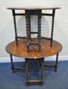 AN EARLY 20TH CENTURY OAK GATE LEG TABLE, with barley twist supports, united by stretchers, open