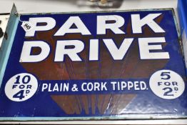 A Double Sided Enamel Advertising Sign 'Park Drive Plain & Cork Tipped 10 for 4d 5 for 2d@ white